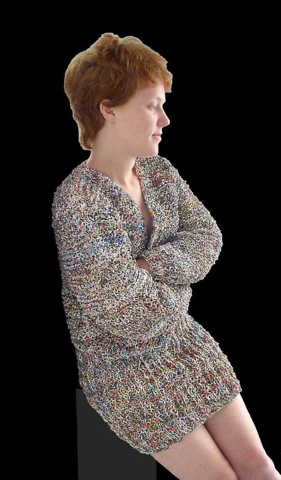 Multicoloured suit made with flyers.  Knitted jacket (2003) and mini-skirt (2004).
