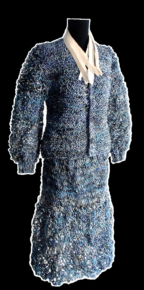 Dress made with blue advertisments. Knitted jacket (2007) and skirt (2006).
