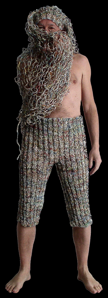 Trousers  (2011-2012) and cap (2012) knitted with thread made out of flyers.
